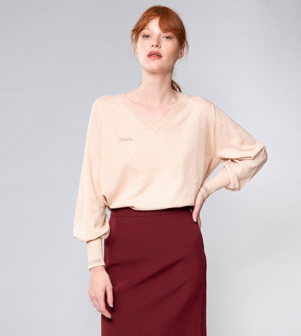 Anekke Beige Shōen V-neck Pulóverek | NATM49281